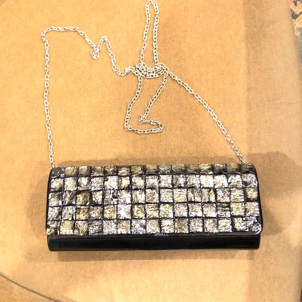 Metallic Black Leather Clutch w/Silver Chain NWOT